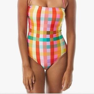 Kate Spade Sz XL Colorful Plaid Girly Feminine Bandeau One Piece Swimsuit